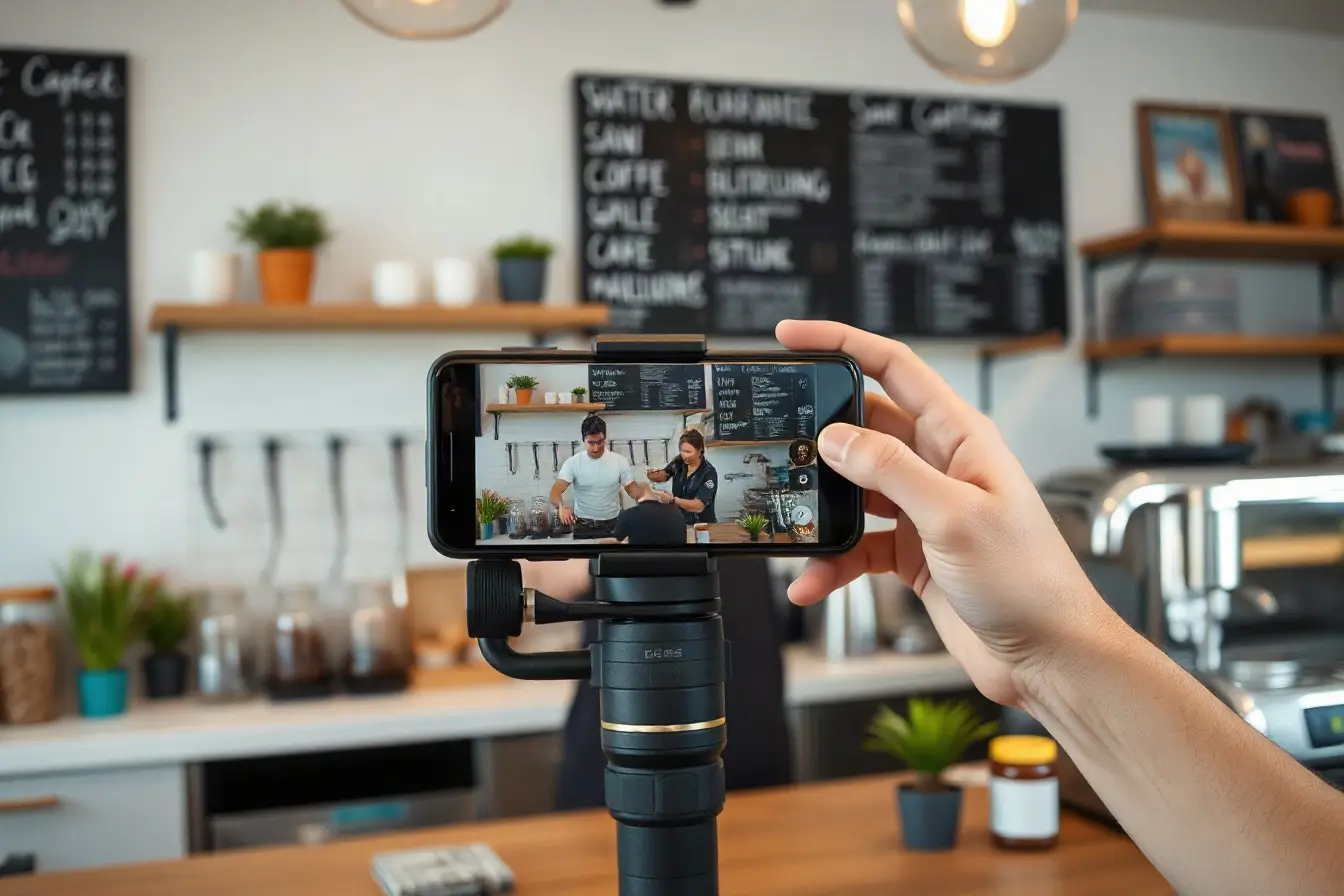 Videographer filming a barista for a vertical social video